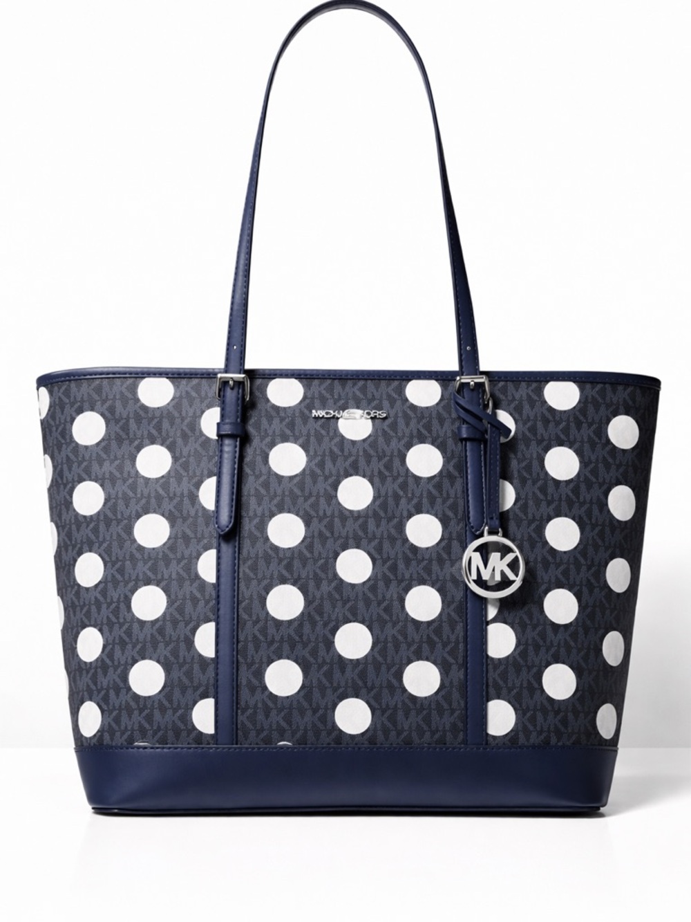 Michael Kors Navy Polka Dot Tote with MK Charm - Picture 2 of 7